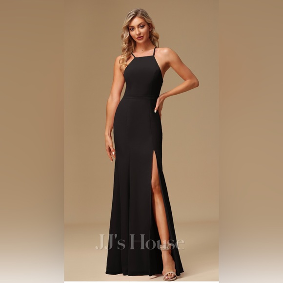 A-line High Neck Floor-Length Chiffon Lace Bridesmaid Dress - Picture 2 of 8